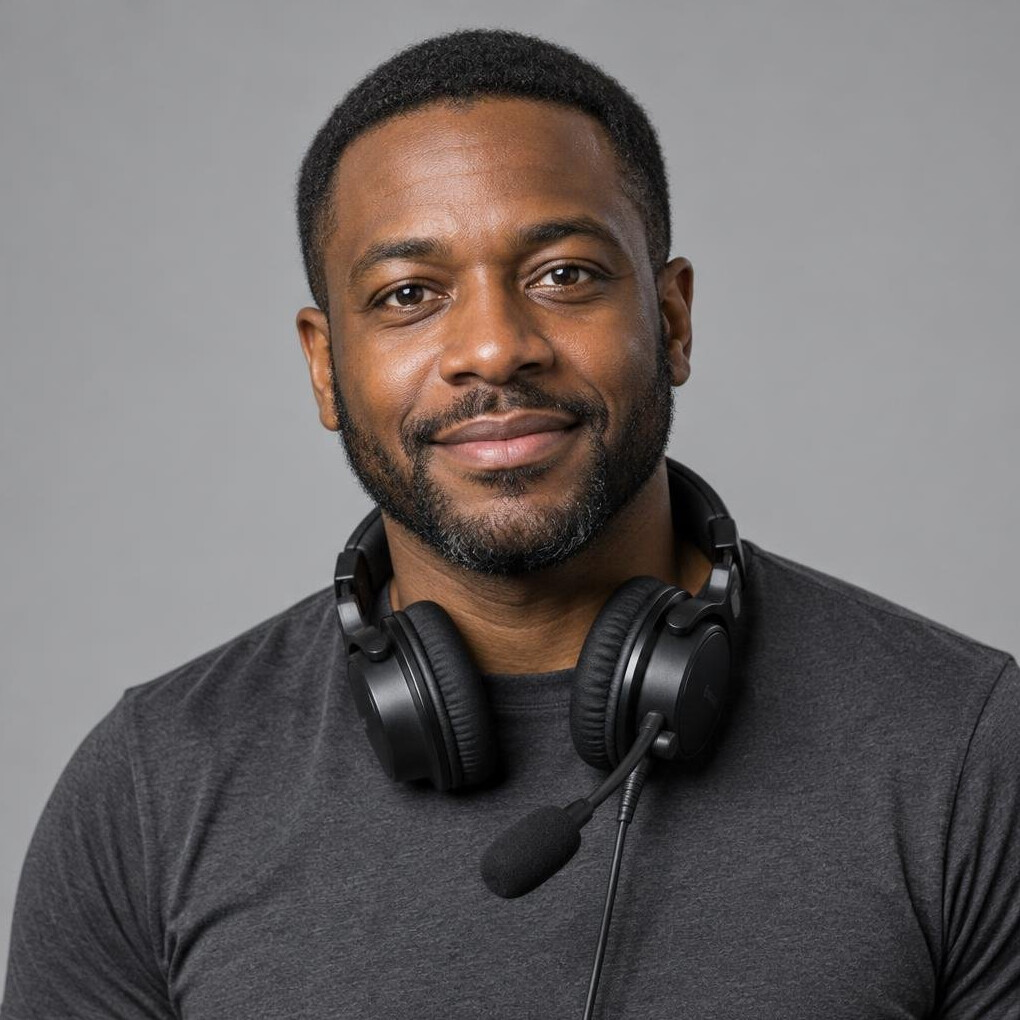 Portrait of a man with a short beard wearing a headset around his neck