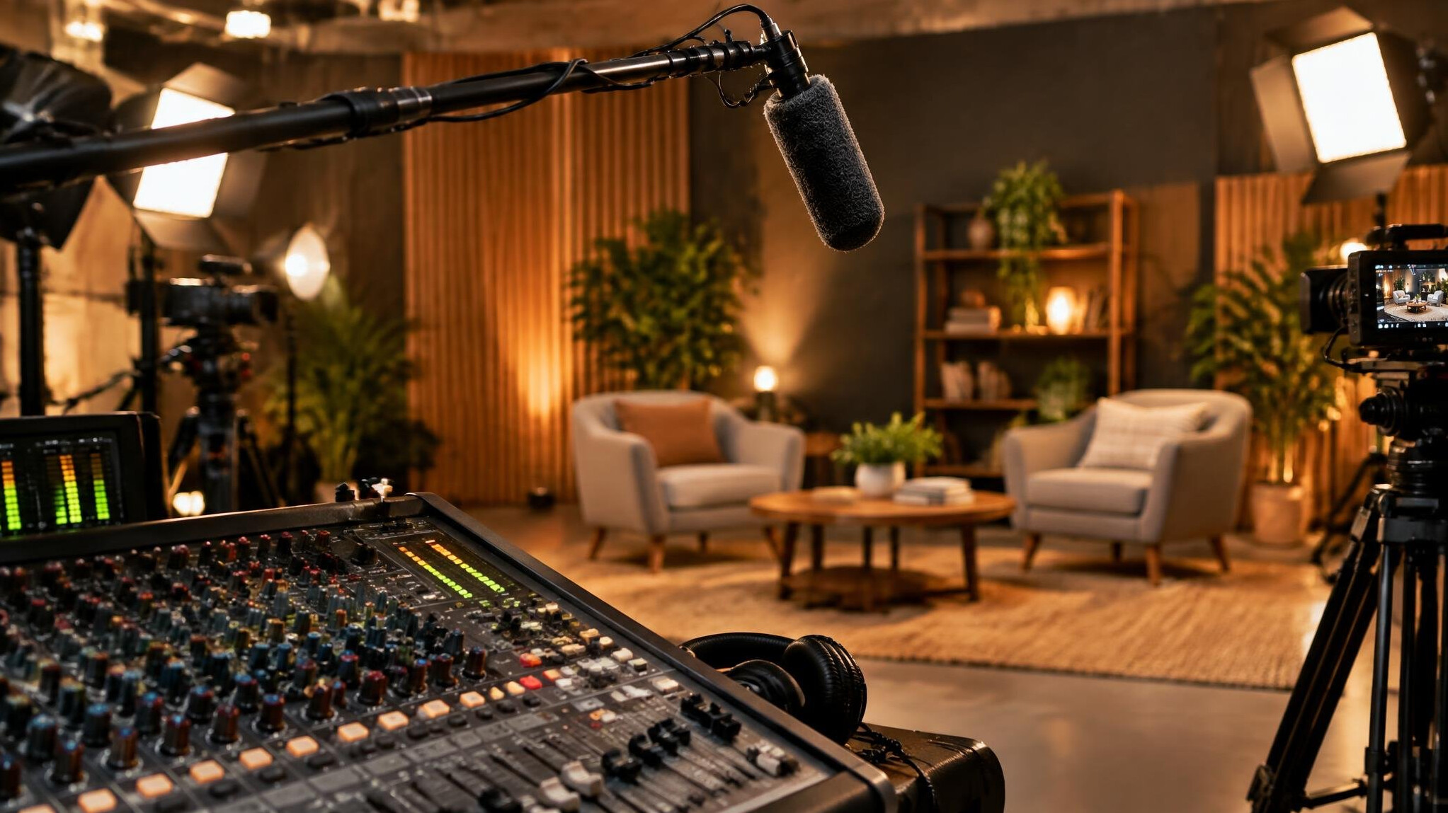 Microphone boom and sound mixing desk in a studio