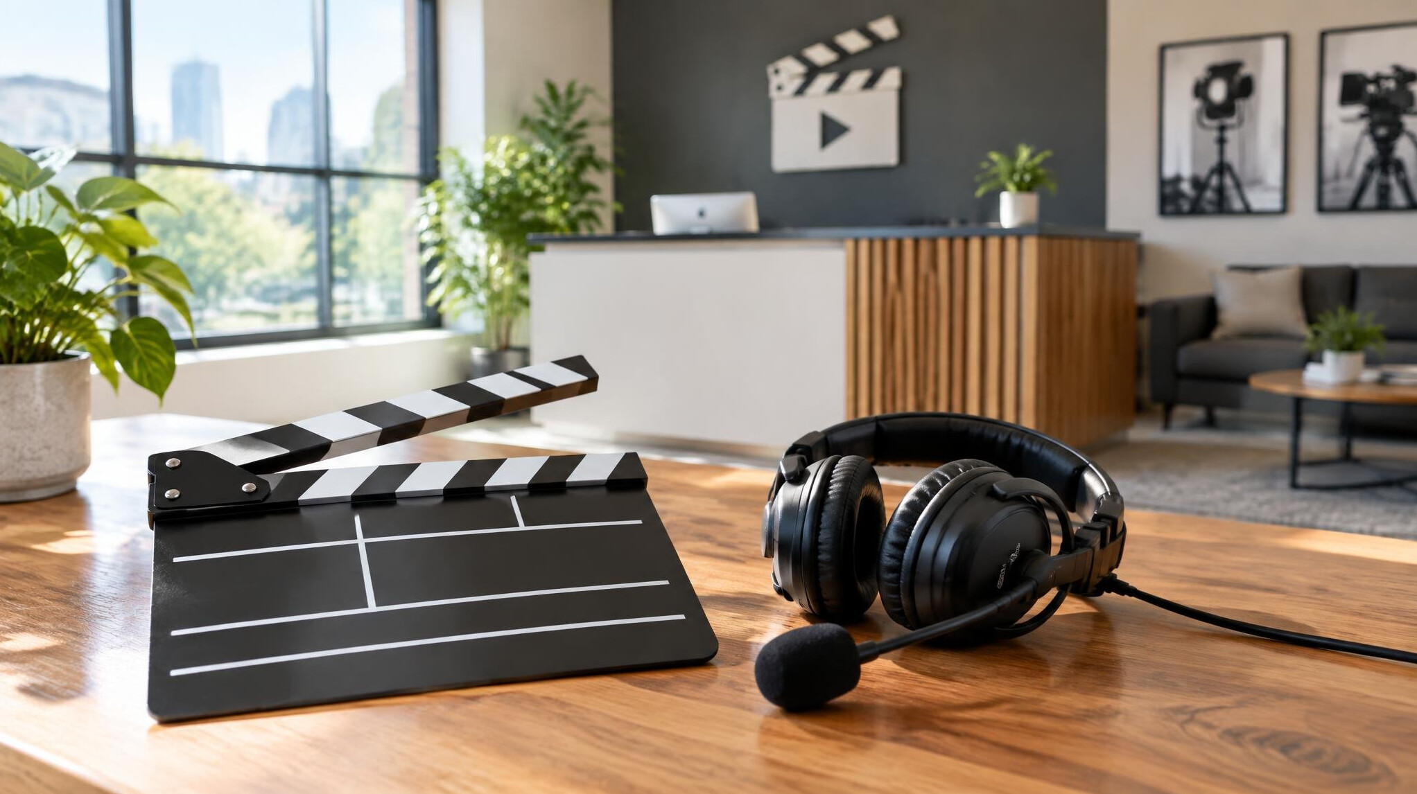 Reception area of a production studio with a clapperboard on a table