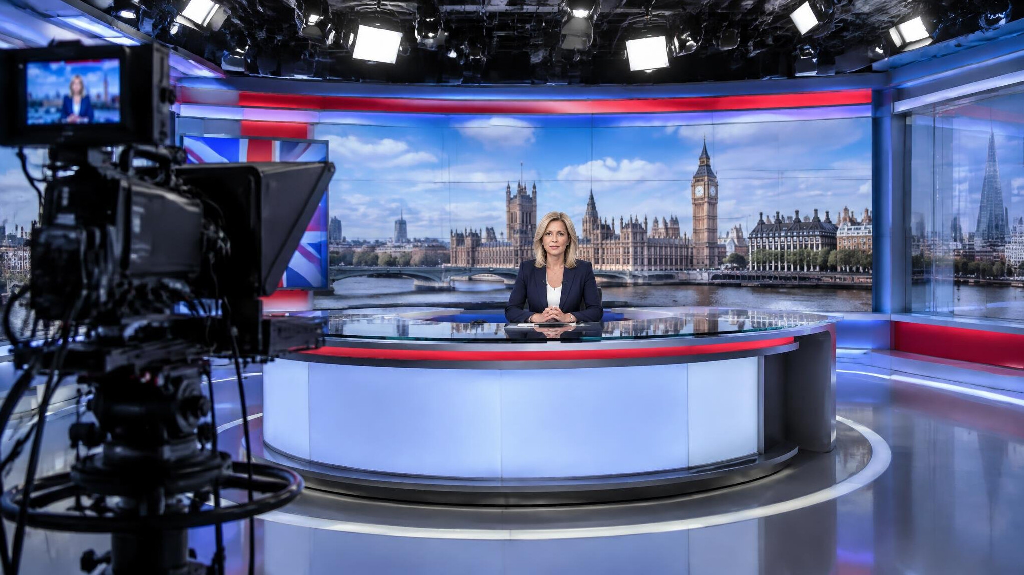 Large television studio with a news desk and lights